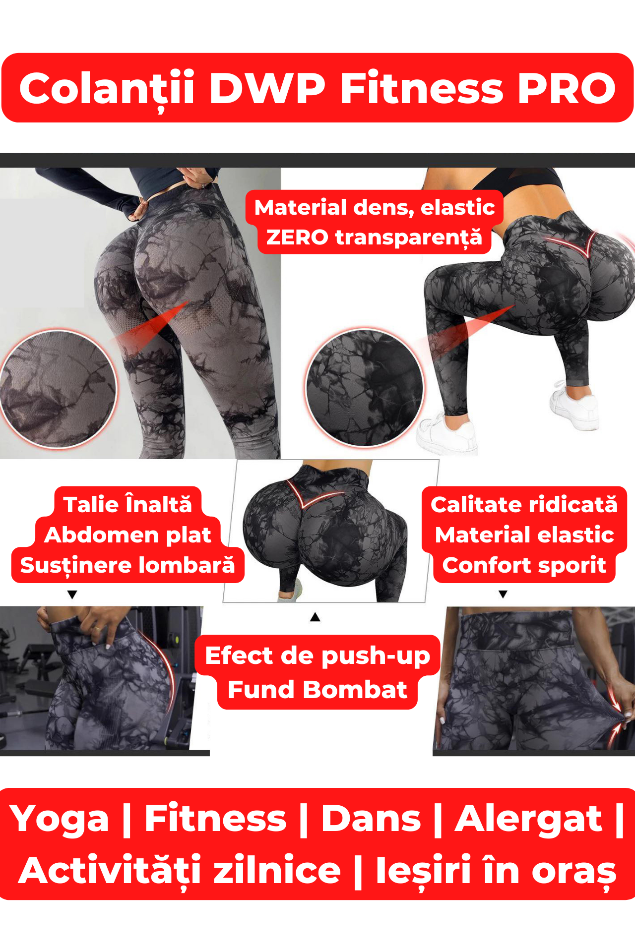 Pachet Promo - Colanți DWP Fitness PRO - Tie Dye, Fără Cusături și Talie Înaltă + Colanți DWP Modelatori 2 în 1 Centură Corset "Efect Termic"