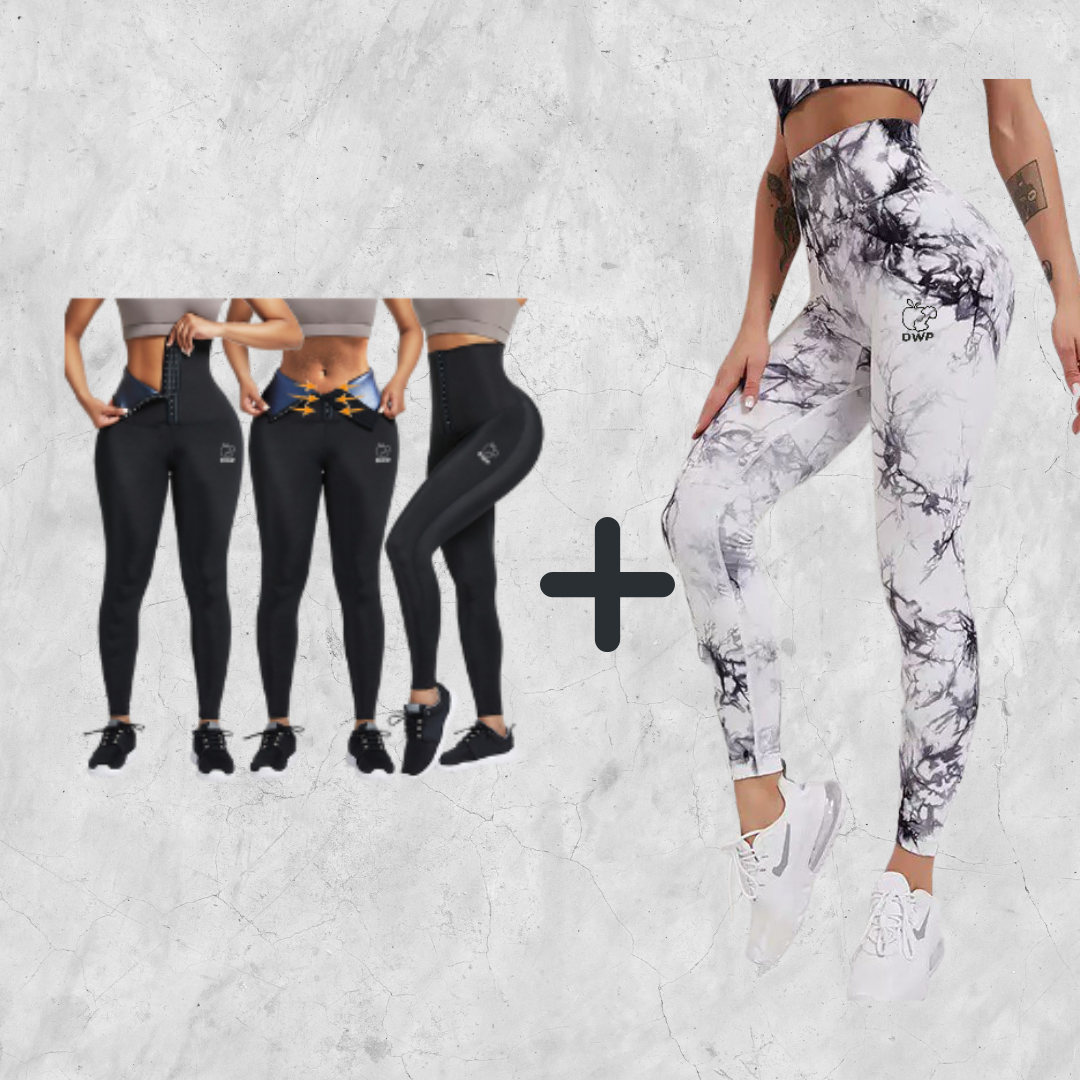 Pachet Promo - Colanți DWP Fitness PRO - Tie Dye, Fără Cusături și Talie Înaltă + Colanți DWP Modelatori 2 în 1 Centură Corset "Efect Termic"