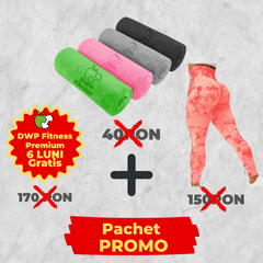 Pachet Promo - Colanți DWP Fitness PRO - Tie Dye, Fără cusături și Talie Înaltă + Prosop Sport DWP Fitness, din Microfibră