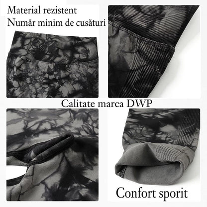 Pachet Promo - Colanți DWP Fitness PRO - Tie Dye, Fără cusături și Talie Înaltă + Prosop Sport DWP Fitness, din Microfibră