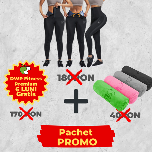 Pachet Promo - Colanți DWP Modelatori 2 în 1 - Centură Corset + Prosop Sport DWP Fitness, din Microfibră