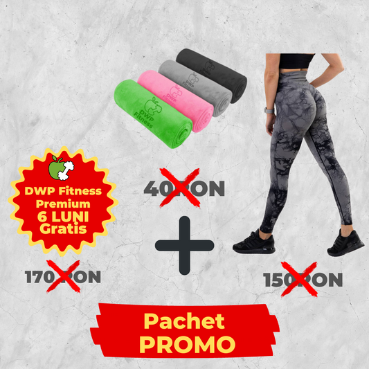 Pachet Promo - Colanți DWP Fitness PRO - Tie Dye, Fără cusături și Talie Înaltă + Prosop Sport DWP Fitness, din Microfibră