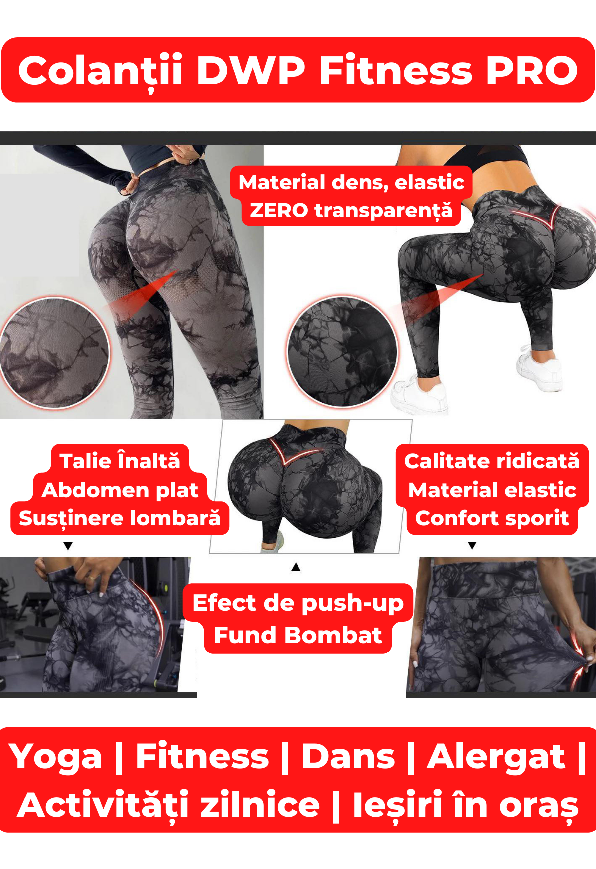 Pachet Promo - Colanți DWP Fitness PRO - Tie Dye, Fără cusături și Talie Înaltă + Prosop Sport DWP Fitness, din Microfibră